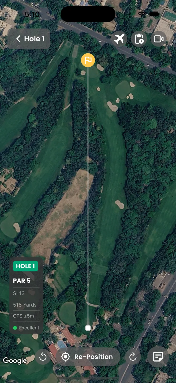 GPS hole map for a par 5 with yardage to the flag