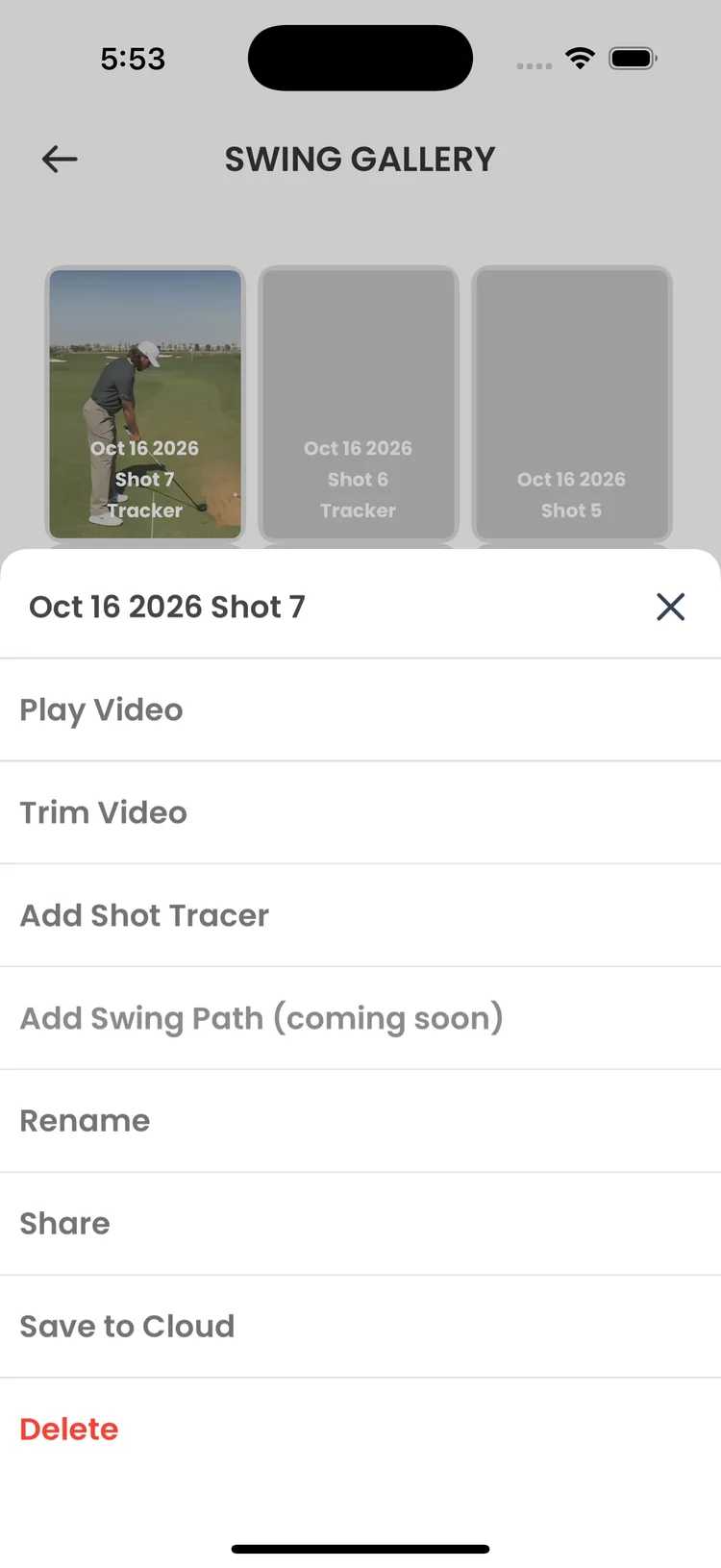Swing gallery with options to play, trim, add a shot tracer, share or save a swing to the cloud