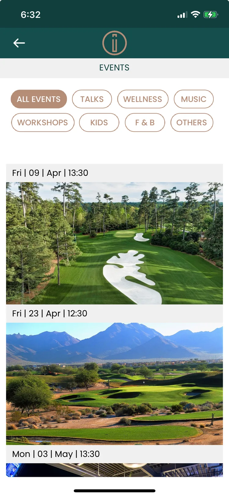 Club events by category: talks, wellness, music, F&B
