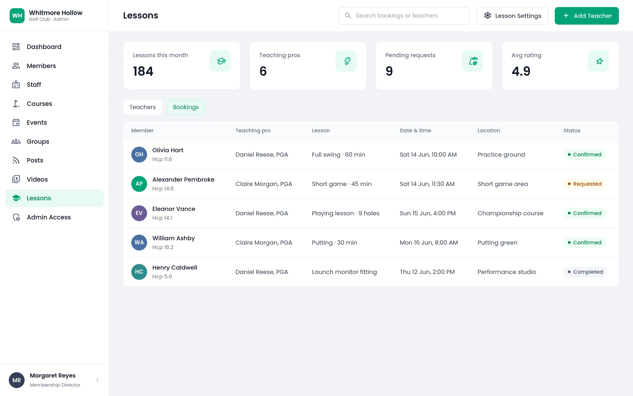 Lesson bookings with teaching professionals